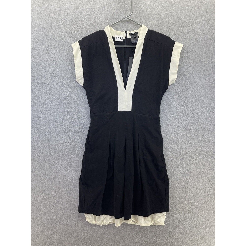 JUMA Women's Dress Black White Trim Pleated Size Small Cotton Silk